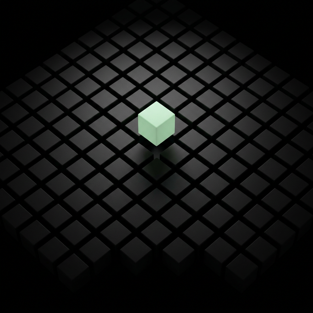 A grid of black blocks in darkness with a single block lit and raised — one opportunity surfaced from the market