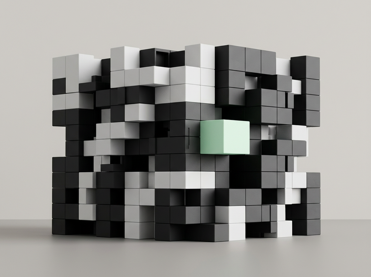 Black, white and gray modular blocks assembled into a precise structure